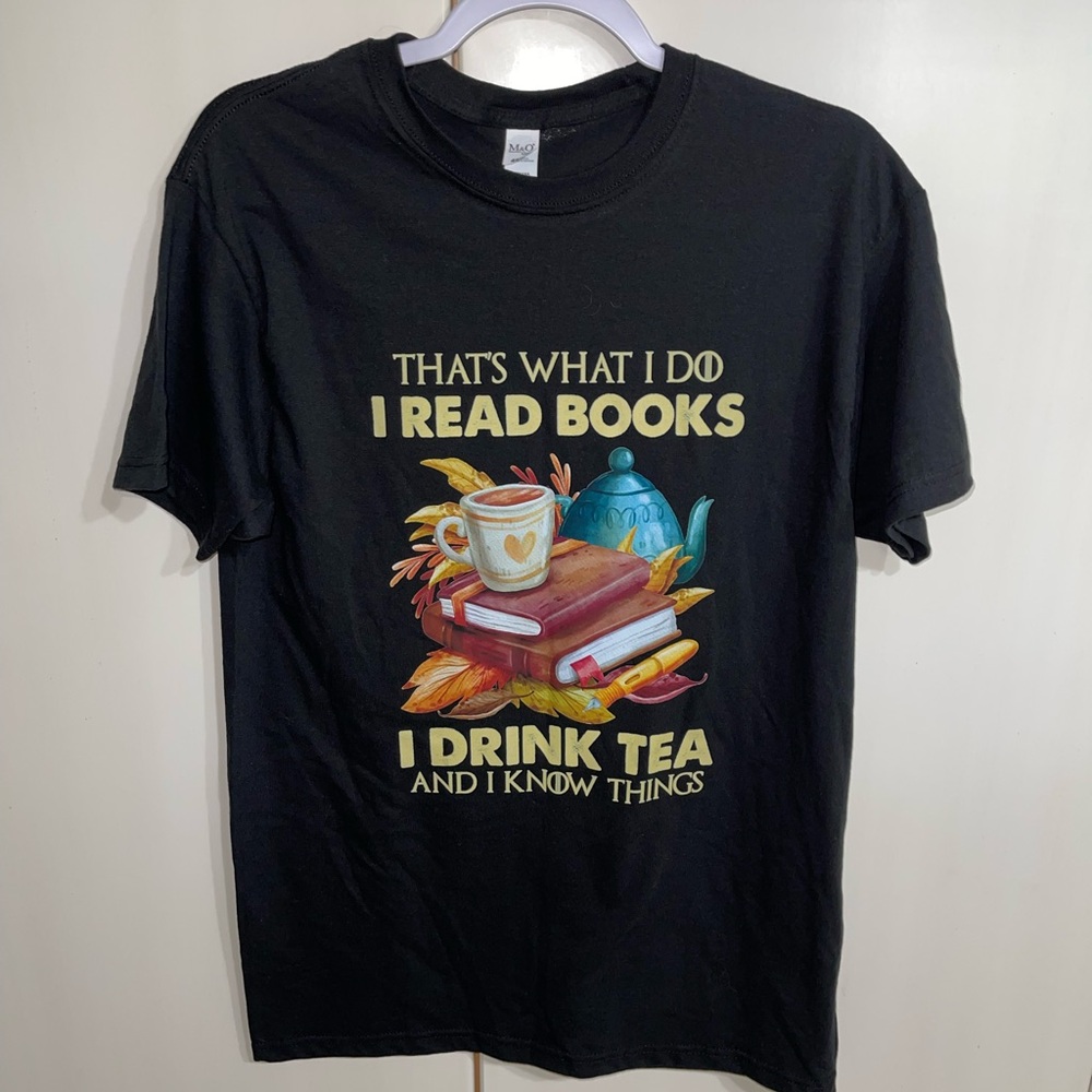 Women’s size Medium Black Tee with Book and Tea Design